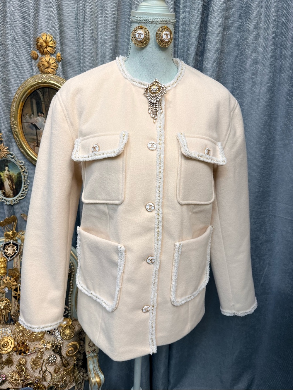 French Chic Cream Jacket with Jewelry